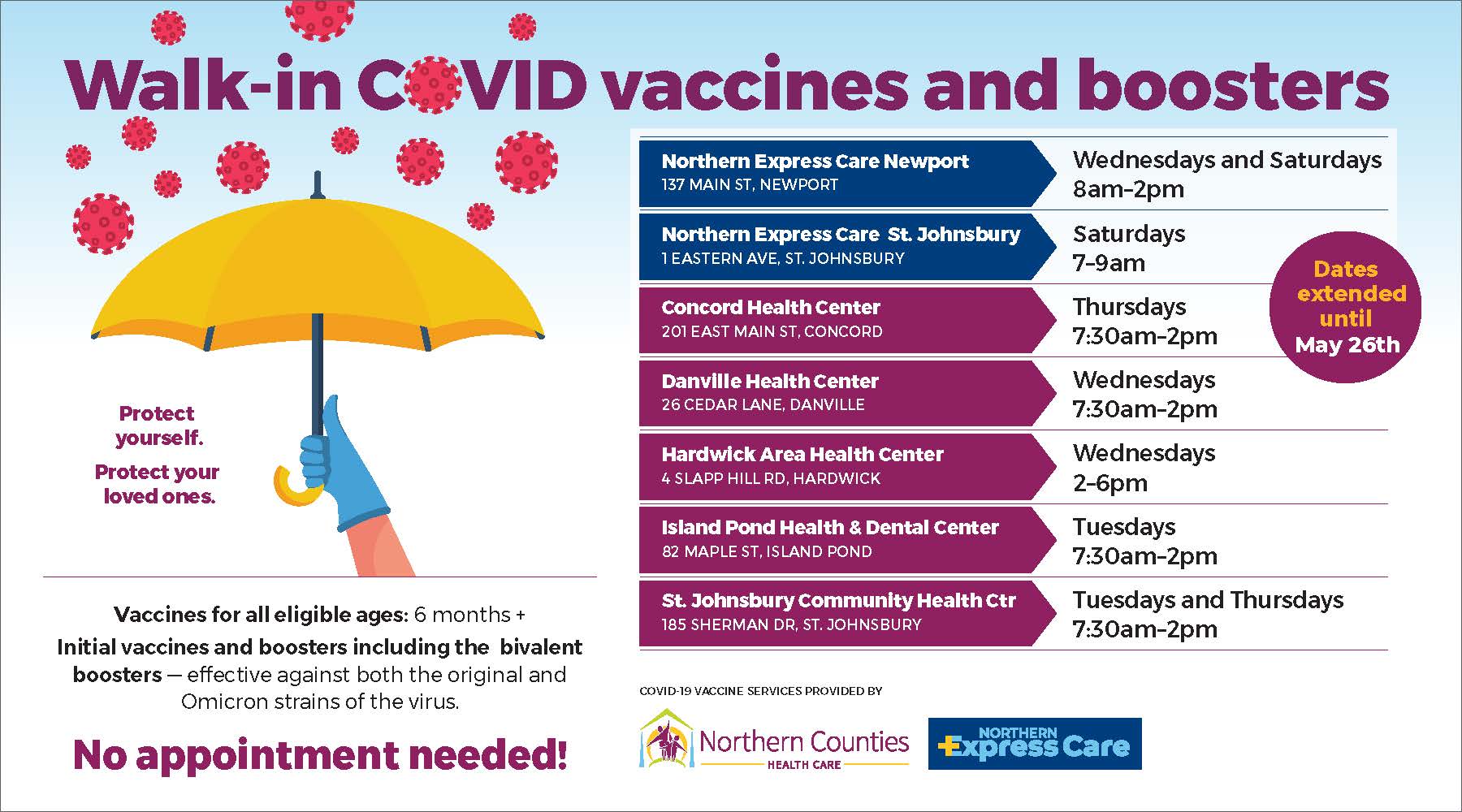Graphic image with details on the Walk-in COVID vaccines and booster clinics.